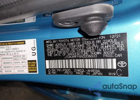 2022 Toyota Prius Prime Le из США, поврежденный, VIN JTDKAMFP6N3208603